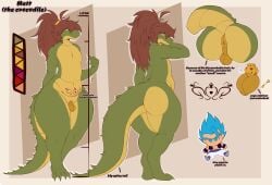 accessory anthro anus ass balls big_butt big_tail broken_key brown_hair chastity_cage chastity_cage_only chastity_device chastity_device_only claws crocodile crocodilian curvy_figure darkened_anus darkened_balls darkened_genitalia dragon_ball english_text femboy genitals green_body green_tail hair hair_accessory hi_res long_hair male matt_(matt_user) matt_user model_sheet non-mammal_balls nude orange_balls penis permanent permanent_chastity_device presenting presenting_anus pubic_tattoo rear_view reptile scalie slightly_chubby small_balls small_penis solo standing stylized_chastity_cage tail text thick_thighs wide_hips womb_tattoo