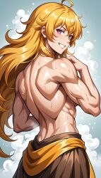 ai_generated biceps blonde_hair grin looking_at_viewer looking_back muscular muscular_arms muscular_back muscular_female purple_eyes rwby smile smiling_at_viewer steam steaming_body topless yang_xiao_long