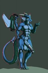 2017 android animal_genitalia animal_penis anthro balls claws curus_keel dragon equine_penis horn horsecock looking_at_viewer machine male male_only nude penis pinup pose robot scalie shaded simple_background smile solo standing talynn vein veiny_penis wings yellow_eyes