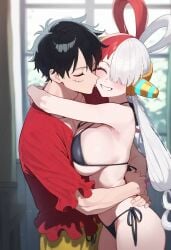 ai_generated big_ass big_breasts bikini black_bikini blush couple female grabbing grabbing_waist huge_breasts ishin kissing male monkey_d_luffy multicolored_hair one_piece scar thick_thighs uta_(one_piece)