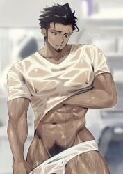 1boy abs balls bara big_pecs black_hair body_hair briefs brown_skin chest_hair ear_piercing erect_nipples excessive_sweat facial_hair girthy goatee goburin_second hairy hairy_male hairy_thighs harumi_(goburin_second) heavy_sweating human human_only male male_chest male_only male_pubic_hair muscles muscular muscular_male muscular_thighs navel nipples_bulge nipples_visible_through_clothing original original_character pecs pierced_nipples piercings pubic_hair removing_underwear shirt_lift six_pack solo solo_male standing sweat sweatdrop sweating sweaty thick_penis thick_thighs underwear undressing v-line v-taper wet wet_body wet_briefs wet_clothes wet_shirt wet_skin wet_underwear white_briefs white_shirt white_underwear