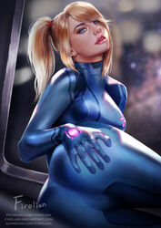 ass blonde_hair blue_eyes bodysuit breasts cleavage dat_ass female female_only firolian fully_clothed long_hair looking_at_viewer metroid nintendo samus_aran shiny shiny_suit solo tight_clothing zero_suit zero_suit_samus