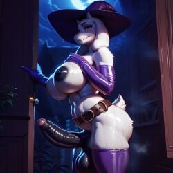 ai_generated anthro ass balls belt futa_only futanari halloween huge_cock latex penis purple_latex side_view sweat tail toriel undertale veiny_penis witch_hat