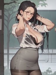 1girls ai_generated black_hair breasts cleavage female female_only glasses hi_res long_hair mature mature_female mature_woman milf original rain raining solo solo_female teacher zzipper