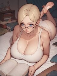 1girls ai_generated ass bed big_ass blonde_female blonde_hair blue_eyes book breast_squish breasts cleavage feet female female_only glasses hi_res huge_breasts lying lying_on_bed lying_on_stomach on_bed on_stomach original reading reading_book solo solo_female underwear underwear_only zzipper