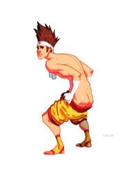 00s 1boy 2009 ass bandaged_hands brown_eyebrows brown_eyes brown_hair dated headband joe_higashi king_of_fighters light_skin male male_only mooning shorts shorts_down simple_background snk solo teben video_games white_background yellow_shorts