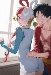 ai_generated big_ass big_breasts black_panties blush female ishin male monkey_d_luffy multicolored_hair one_piece scar scar_on_chest sweat sweatdrop thick_thighs transparent_clothing uta_(one_piece) wet_clothes