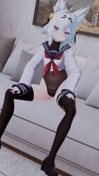 3d belly belly_button cameltoe filian filian_(vtuber) filiannevr legs_apart legs_spread no_skirt one-piece_swimsuit school_uniform see-through see-through_swimsuit sitting sitting_on_couch spread_legs tagme virtual_youtuber vrchat vtuber white_hair