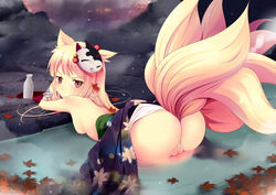 alcohol animal_ears ass autumn back blonde_hair breasts choko_(cup) cup female floating fox_ears fox_mask fox_tail japanese_clothes katori_(mocchidou) leaf long_hair looking_at_viewer looking_back mask mask_on_head medium_breasts multiple_tails nipples onsen original partially_submerged partially_visible_vulva presenting purple_eyes ripples rock sake solo steam tail tokkuri water wedgie wet wet_clothes