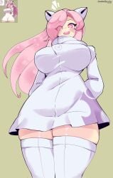 ami_(gwain_saga) chest_focus focus_on_chest gwain_saga looking_at_viewer pink_eyes pink_hair smiling_at_partner thick_thighs white_clothing