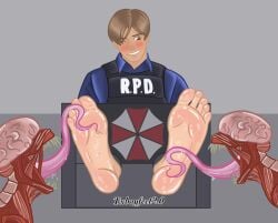 2022 barefoot blush_stickers brown_hair feet gay leon_scott_kennedy licker_(resident_evil) male_feet male_tickling moonboyfeet one_eye_closed police_uniform resident_evil resident_evil_2 slobber slobber_on_feet stocks tickling tickling_feet