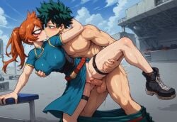 ai_generated green_eyes itsuka_kendou izuku_midoriya kendou_itsuka kissing kissing_while_penetrated lightning486 my_hero_academia one_leg_up orange_hair outside sex standing_sex sweat