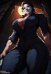 1girls abs ai_generated bagharen big_breasts brown_hair empty_eyes from_below genderswap_(mtf) halloween holding_object huge_breasts jumpsuit knife large_breasts michael_myers muscular_female shiny_skin solo solo_female thick_thighs unbuttoned