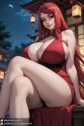 ai_generated big_breasts cleavage crossed_legs dress female female_focus female_only looking_at_viewer naruto naruto_(series) naruto_shippuden panties red_dress red_hair sitting smile stable_diffusion thick_thighs uzumaki_kushina winterzone