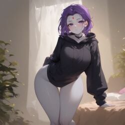 ai_generated bedroom forehead_jewel hips hoodie purple_hair rachel_roth raven_(dc) thighs