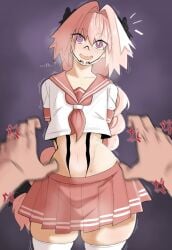 1boy astolfo_(fate) edited femboy mind_control panic pink_hair possession ryoumen_sukuna_(jujutsu_kaisen) sukuna_tattoo