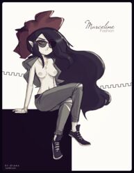 adventure_time arm_support breasts crossed_legs earrings female grey_skin hat jeans kt-draws long_hair looking_at_viewer marceline necklace nipples pointy_ears red_pupils ripped_jeans silver_eyes slit_pupils sneakers solo sunglasses vampire very_long_hair