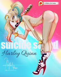 areolae ass bare_shoulders baseball_bat batman_(series) belt blonde blonde_hair blue_eyes blue_hair boots bracelet breasts choker dat_ass dc dc_extended_universe female female_only harley_quinn hassly high_heel_boots high_heels hips large_breasts legs long_hair looking_at_viewer multicolored_hair nail_polish nipples pink_hair pussy shoes sideboob solo spiked_bracelet suicide_squad thighs tied_hair topless twintails vagina weapon