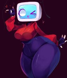 antennae big_ass big_breasts blush bodysuit cropped_sweater fingerless_gloves gazericc hearts_around_head kneeling looking_at_viewer massive_thighs miyu_(rox_hoxten) original_character red_sweater rox_hoxten screen_face simple_background thick_thighs tv_head white_eyes winking_at_viewer