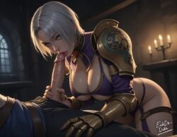 1boy 1girls ai_generated blowjob blue_eyes cleavage eidedodidei female isabella_valentine large_breasts lips_on_penis penis self_upload soul_calibur soul_calibur_iv straight