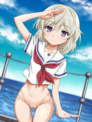 color female funnyari high_school_fleet pose shaved_pussy shima_tateishi solo white_hair