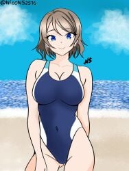 blue_eyes breasts brown_hair competition_swimsuit female large_breasts looking_at_viewer love_live! love_live!_sunshine!! navel one-piece_swimsuit simple_background solo stomach swimsuit watanabe_you