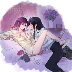 2girls bed bedroom bedroom_sex between_legs black_hair black_pants blush breasts character_doll chinese_commentary cleavage closed_mouth commentary_request covered_nipples curtains doll dress female female/female female_only fingering fingering_partner fingering_pussy flower highres indoors lesbian_couple lesbian_sex lezissmitozer long_hair long_sleeves multiple_girls pants path_to_nowhere plushie purple_eyes purple_flower purple_hair pussy_juice rahu_(path_to_nowhere) scar scar_across_eye scar_on_face shalom_(path_to_nowhere) shirt slippers small_breasts smile spread_legs sweat vase white_shirt white_slippers yellow_dress yuri