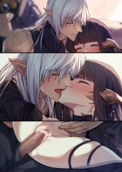 1boy alfred au_ra black_hair blush censored closed_eyes clothed_sex commission cum cum_in_pussy cum_overflow dot_nose estinien_varlineau facing_another female final_fantasy final_fantasy_xiv french_kiss happy_sex highres jewelry kissing large_variant_set long_hair mosaic_censoring multiple_views penis pointy_ears pussy raised_eyebrows reverse_upright_straddle scar sex skeb_commission straight thighhighs thighlet tongue vaginal_penetration variant_set warrior_of_light_(ff14) white_hair wince