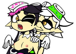 2girls callie_(splatoon) cloktowur cousins incest marie_(splatoon) multiple_girls nintendo small_breasts smooth_skin splatoon squid_sisters surprised w_arms yuri