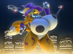 aircraft anthro areola armwear bandai_namco big_breasts breasts bridal_gauntlets chest_tuft clothing digimon digimon_(species) female genitals hat headgear headwear helicopter huge_breasts hyper hyper_breasts macro mostly_nude nipples not_person420 pussy renamon solo tail tuft vehicle witch_hat