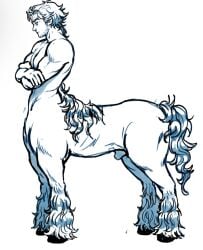 centaur crossed_arms curly_(mouthwashing) equid equid_taur european_mythology eyebrows facial_hair fingers frown fur genitals greek_mythology hair hi_res humanoid_taur male mammal mammal_taur monochrome mouthwashing_(game) mullet mythology nude penis simple_background solo standing stubble tail taur valentitans