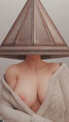 1girls 3d ai ai_generated bathrobe breasts female female_only female_pyramid_head konami nipples one_nipple_out perry_cracker pyramid_head silent_hill silent_hill_2 twitter_username watermark white_background