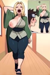 1boy ? blonde_hair breasts brown_eyes brown_hair clothes female funnygrifter huge_breasts long_hair looking_at_viewer naruto_(series) naruto_shippuuden nipples one_breast_out one_eye_closed open_mouth short_hair tsunade_(naruto)