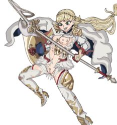 1girls accidental_exposure areolae armor blonde_hair blush breasts carnival_phantasm_(artist) embarrassed erect_nipples female female_only fire_emblem fire_emblem_heroes green_eyes high_heels lost_clothes nipples polearm pubic_hair pussy sharena_(fire_emblem) shield small_breasts spear torn_clothes wardrobe_malfunction