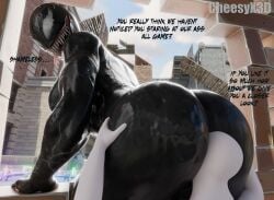 3d bent_over big_ass big_breasts black_body cheesyx3d dominant_female facesitting fortnite leaning_forward looking_at_viewer looking_back marvel marvel_comics muscular_female she-venom smile symbiote text tongue_out