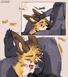 anthro anthro_on_anthro anthro_penetrated anthro_penetrating anthro_penetrating_anthro autumn_(outumn) balls bodily_fluids breath canid canine comic cum cum_in_mouth cum_inside dialogue duo erection fellatio fennec_fox fox fur genital_fluids genitals glans grey_body grey_fur hand_on_head hemuchang hi_res humanoid_genitalia humanoid_penis male male/male male_penetrated male_penetrating male_penetrating_male mammal nude open_mouth oral penetration penile penis sex shin_(hemuchang) tongue tongue_out true_fox whiskers yellow_body yellow_fur