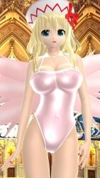 1girls 2024 3d adult_female belly_button blonde_hair_female blue_eyes breasts cathedral clavicle cleavage fairy feathered_wings hat hati_yukkuri_mmd headwear hips indoors interior_background jpeg light-skinned_female lily_white long_hair_female looking_at_viewer mmd pink_swimsuit red_ribbon solo_female solo_focus swimsuit touhou waist wings