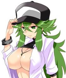 1girls 2010s anime_style areolae belly big_breasts bracelet breasts cleavage eyelashes female female_only green_hair half-closed_eyes hat huge_breasts human human_only konno_tohiro long_hair mostly_nude natural_harmonia_gropius navel necklace nintendo pokemon pokemon_bw rule_63 shirt shirt_lift smiling solo team_plasma thick_thighs voluptuous white_background wide_hips