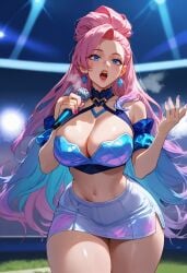 1girls absurd_res ai_generated alternate_breast_size blurry blurry_background breasts cleavage comfyui crowd depth_of_field earrings hair_bun heavy_breathing highres huge_breasts jewelry k/da_all_out_seraphine k/da_all_out_series k/da_series league_of_legends lips long_hair looking_at_another looking_at_viewer mature_female microphone milf multicolored_hair narrow_waist navel outdoors pony_diffusion_xl ponytail portrait riot_games seraphine_(league_of_legends) sideboob singing spotlight stable_diffusion stadium steam steaming_body thick_thighs thighs undersized_clothes wide_hips xenomon