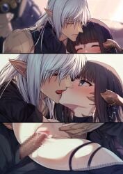 1boy alfred au_ra black_hair blue_eyes blush censored closed_eyes clothed_sex commission dot_nose estinien_varlineau eye_contact facing_another female final_fantasy final_fantasy_xiv french_kiss happy_sex highres jewelry kissing large_variant_set long_hair looking_at_another mosaic_censoring multiple_views penis pointy_ears pussy raised_eyebrows reverse_upright_straddle scar sex skeb_commission straight thighhighs thighlet tongue vaginal_penetration variant_set warrior_of_light_(ff14) white_hair wince