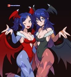 2girls animal_print artist_signature bat_print blank_background blue_eyes blue_hair blush brand_of_the_exalt breasts cosplay cynthia_(fire_emblem) darkstalkers eyebrows_visible_through_hair female female_only fire_emblem fire_emblem_awakening head_wings leotard lilith_aensland_(cosplay) looking_at_viewer lucina_(fire_emblem) medium_breasts morrigan_aensland_(cosplay) multiple_girls navel nintendo patreon_url posing raydango sisters small_breasts smile succubus tights twintails wings wink