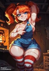 1girls ai_generated arm_up armpits bagharen bangs blue_eyes chucky cleavage curvy denim_shorts freckles halloween medium_breasts nipples orange_hair overalls removing_clothing shortstack skindentation small_waist smug stitches thick_thighs thighhighs twintails wide_hips