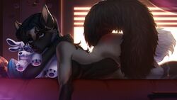 2017 anthro ass bed black_hair blue_eyes breasts brown_fur canine clothed clothing female fox fur grey_fur hair inside long_hair mammal mikinyaro navel on_bed pillow plushie pussy side_view solo topless underwear wide_hips