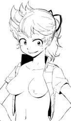 1girls akane_kimidori breasts dr._slump female human light-skinned_female light_skin monochrome nipples open_clothes open_shirt ponytail shirt short_hair smile solo tied_hair