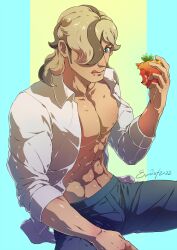 arven_(pokemon) bulge eating evinist male male_focus male_only muscles muscular muscular_male npc_trainer open_shirt pepper_(pokemon) pokemon pokemon_sv