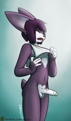 anthro balls black_nose closed_eyes clothing erection fur hair humanoid_penis lagomorph male male_only mammal navel open_mouth partially_retracted_foreskin penis pokyuii purple_fur purple_hair rabbit simple_background solo standing sweat uncut undressing