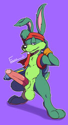 anthro balls bandana emenius fur green_fur gun jazz jazz_jackrabbit jazz_jackrabbit_(series) lagomorph looking_at_viewer male male_only mammal penis rabbit ranged_weapon solo weapon