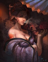 breasts fang_xinyu geisha kiseru large_breasts looking_at_viewer nihongami robe smoking tagme tattoo