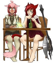 2girls blush clothed ears_down embarrassed eos_(ffxiv) fairy final_fantasy final_fantasy_xiv miqo'te multiple_girls sabrith_ebonclaw shysiren tayelle_ebonclaw under_the_table yuri