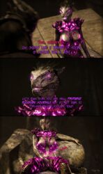 2017 3d absurdres ambiguous_species anthro argonian armor bizzyniz breasts cave close-up comic detailed dialogue female front_view glowing glowing_eyes helmet highres indoors masturbation pink_eyes post_transformation pussy reptile scalie sitting skimpy skyrim source_filmmaker suit_transformation the_elder_scrolls transformation vaginal_masturbation vaginal_penetration